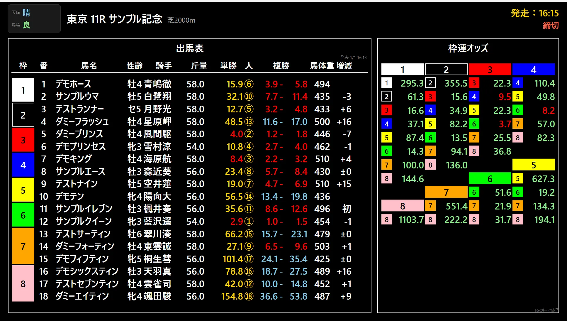 単レース/複数レースWINSモードで単勝・複勝・枠連オッズを表示している画面
