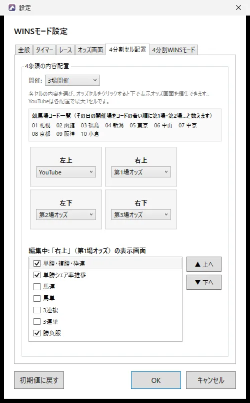 設定ダイアログの「4分割セル配置」タブ