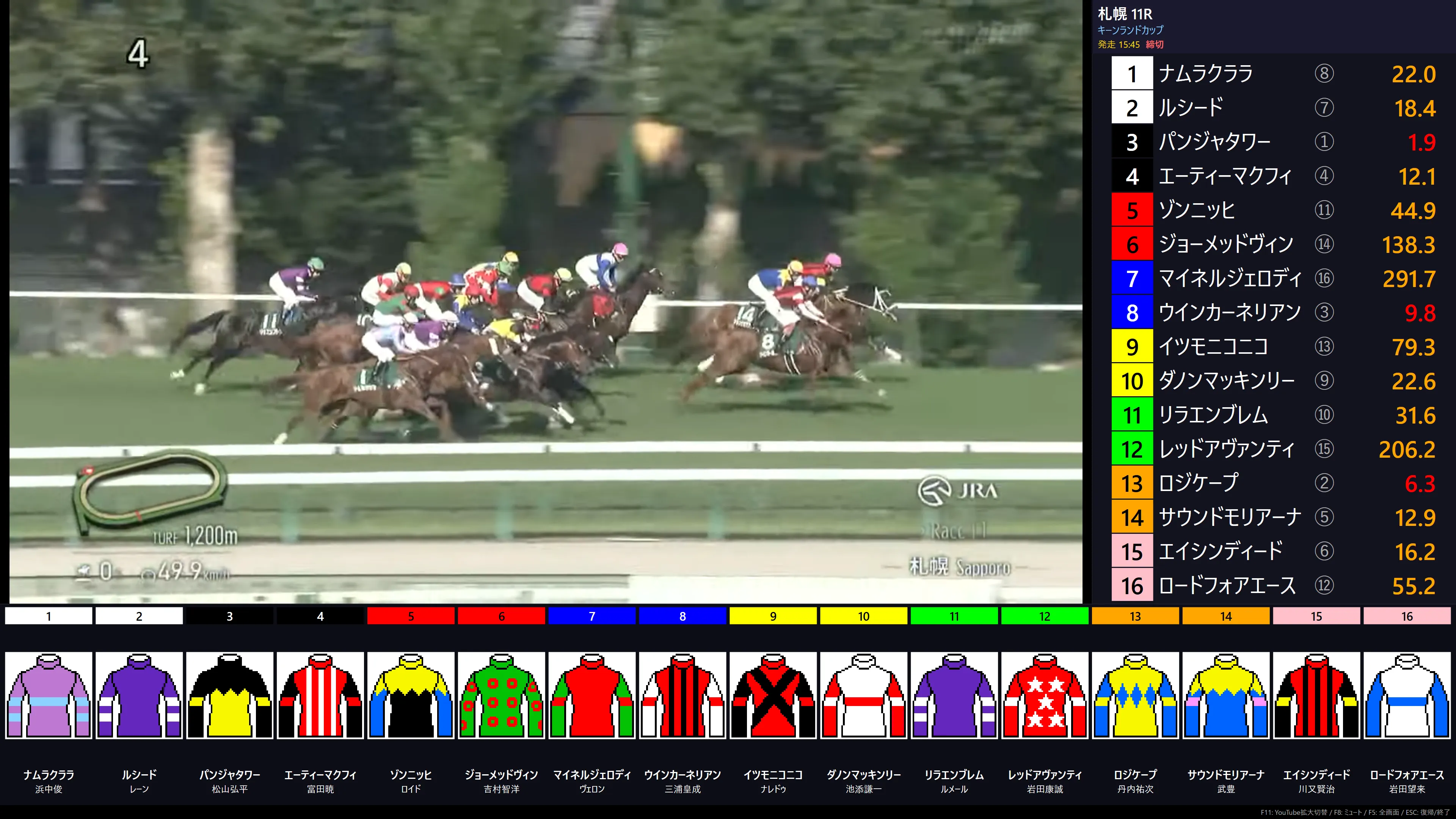 競馬中継、単勝オッズ、出走馬を一画面に表示する観戦画面の実例